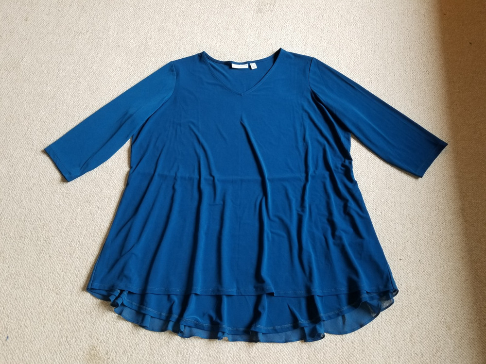 Womens Top-SUSAN GRAVER-teal blue liquid knit hi-lo flowy 3/4 slv-2X